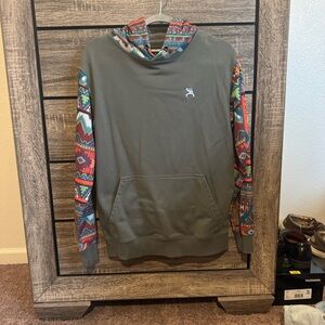 Hooey Gray Hoodie with Multicolor Patterned Collar